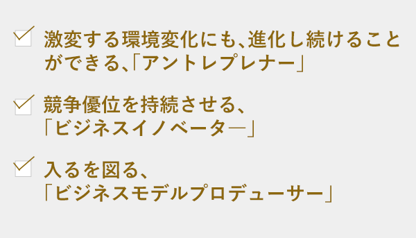 激変する環境変化にも、進化し続けることができる、「アントレプレナー」競争優位を持続させる、「ビジネスイノベータ―」入るを図る、「ビジネスモデルプロデューサー」